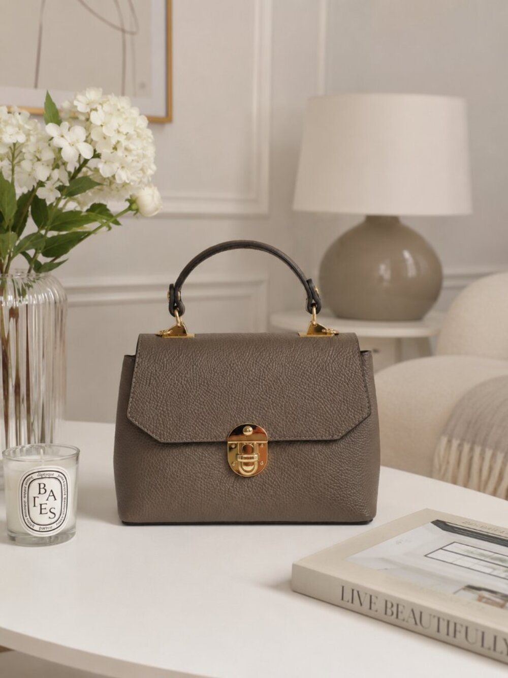 Taupe Italian Leather Mini Bag – Small Structured Crossbody Purse